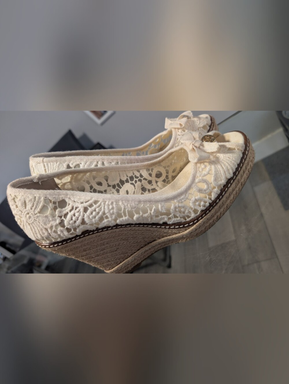 Tory Burch Womens Lace Espadrille Wedge Ballet Flats in Cream